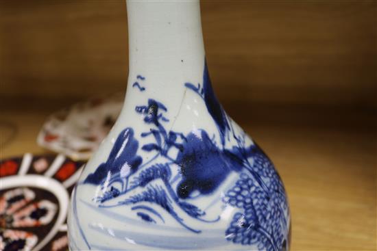 An 18th century blue and white guglet and a Guangxu brushwasher and a small crackle vase